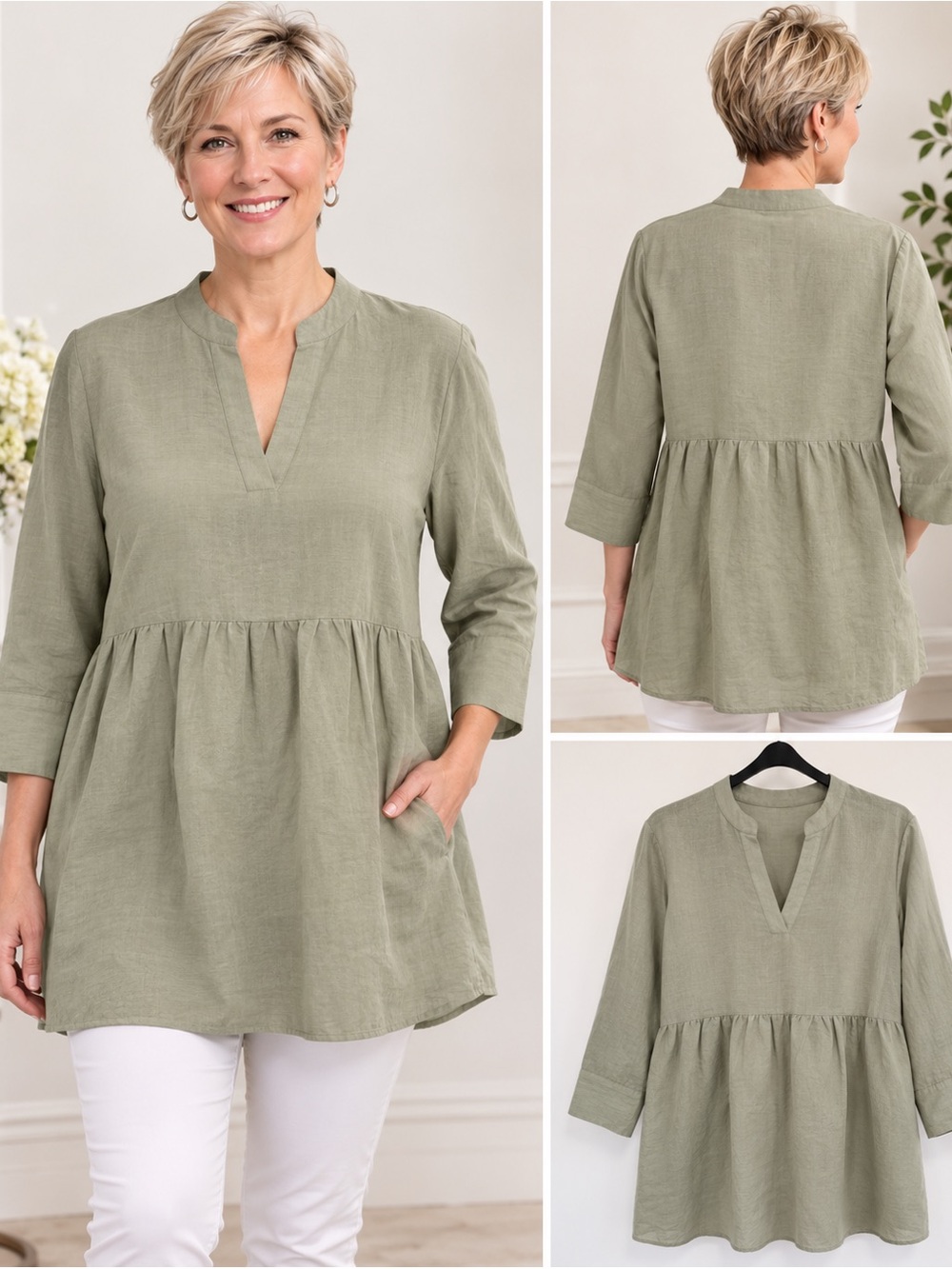 Sage Green linen Blend Tunic Blouse. | 3/4 sleeve  relaxed fit